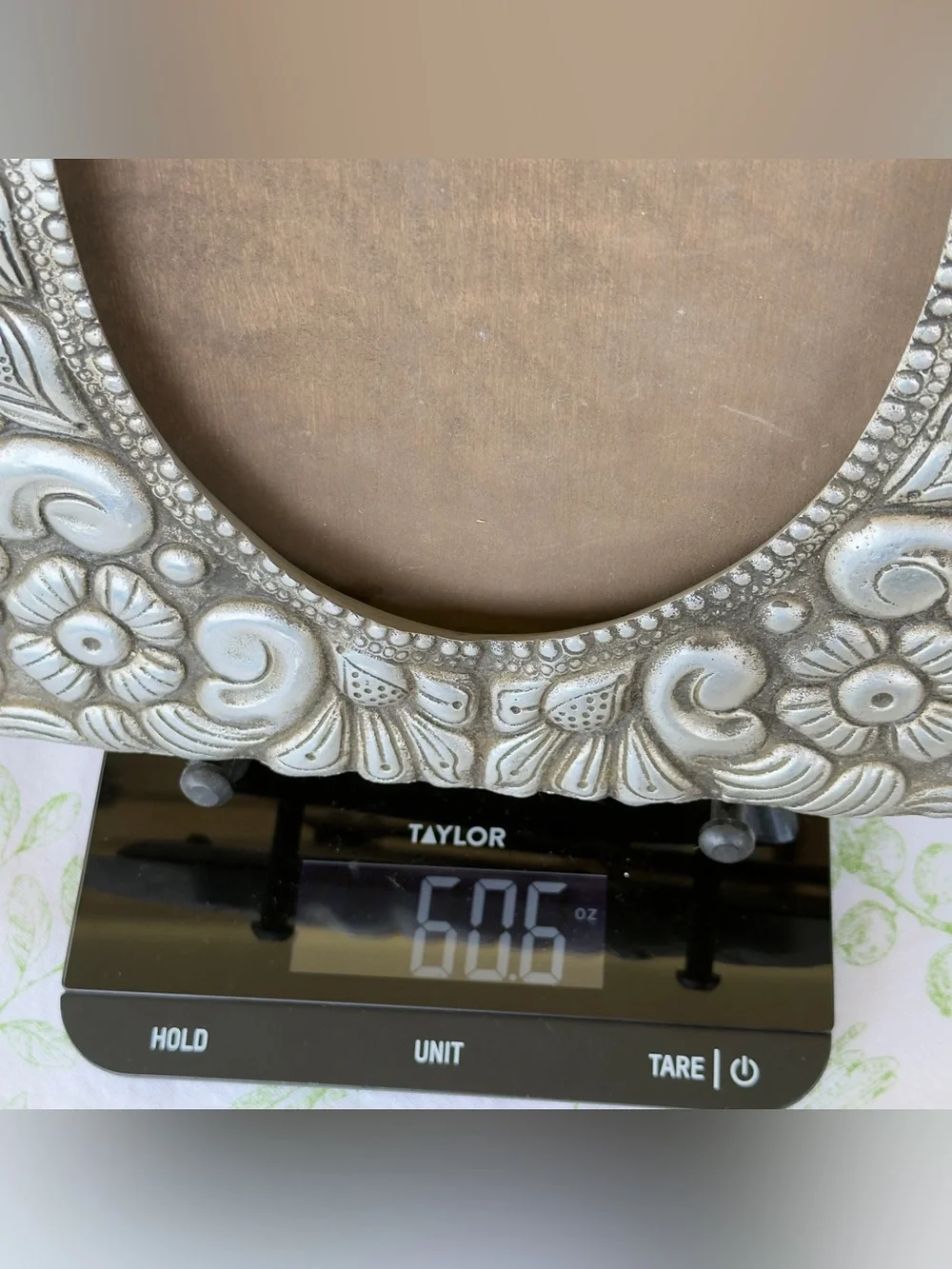 Vintage Pewter? Metal Picture Frame w Ornate Floral & Scroll Repoussé Motif